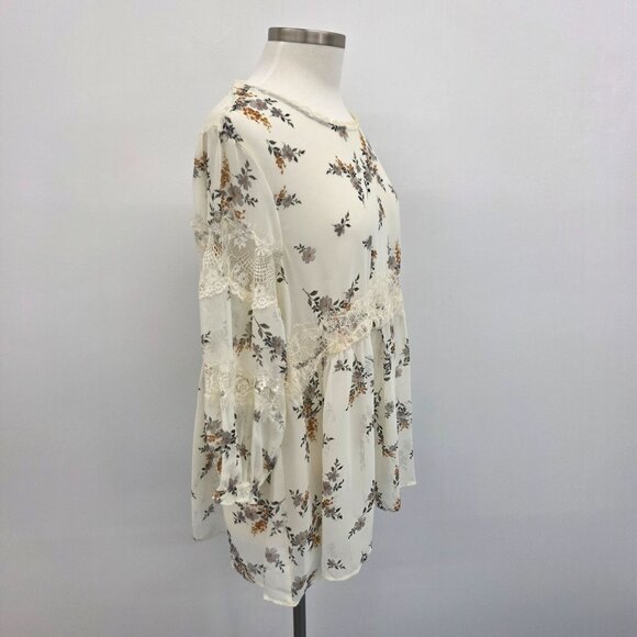 Umgee Womens Sheer Floral Peasant Blouse Top Lace Trim Size L Cream Boho Style - Picture 2 of 15